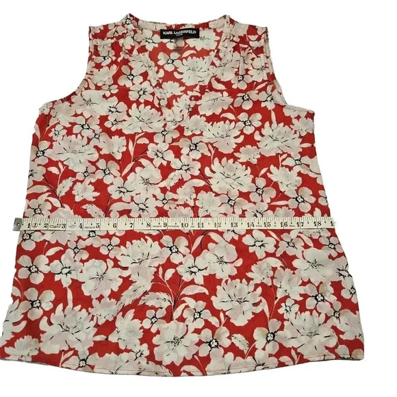 Karl Lagerfeld Red Floral Sleeveless Blouse - Women's Designer Summer Top - Picture 10 of 13
